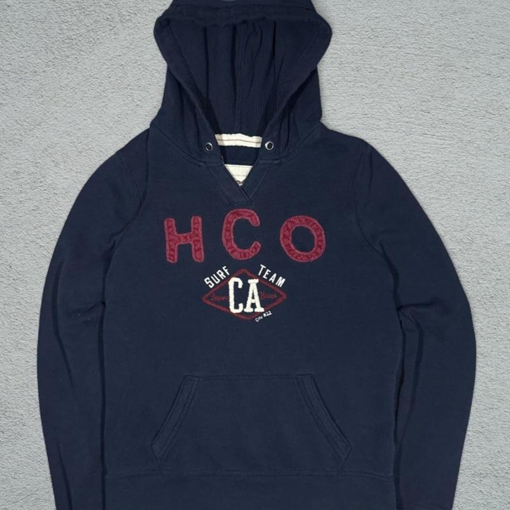 Hollister Co Womens Navy Blue V Neck Hoodie HCO Surf Team CA Graphic Vintage L
